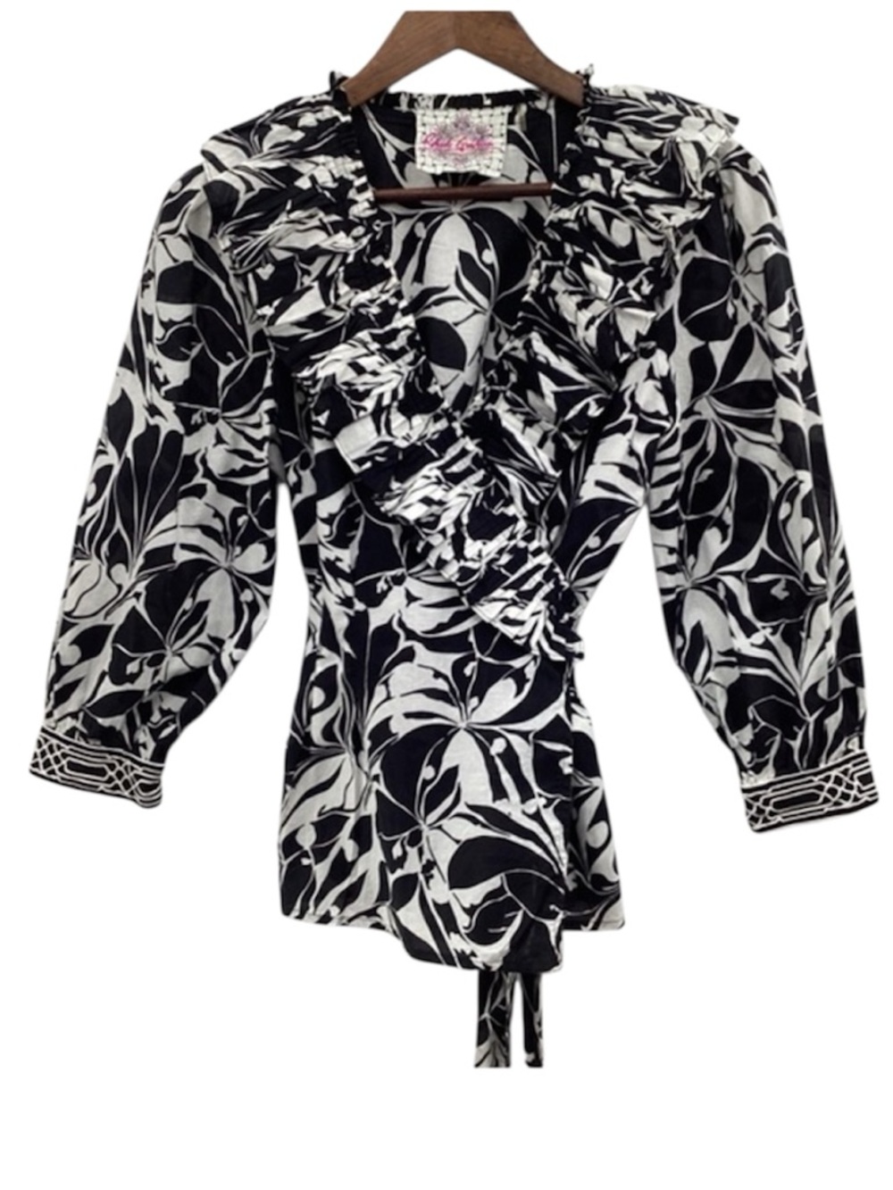Robert Graham Black and White Floral Wrapped Blouse with Ruffled Colar